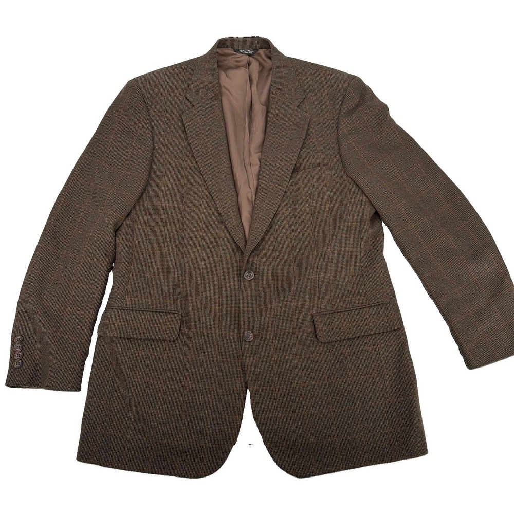 Vtg Classics by Bill Blass Brown Plaid Wool Blazer Sport Coat Jacket Mens 43L